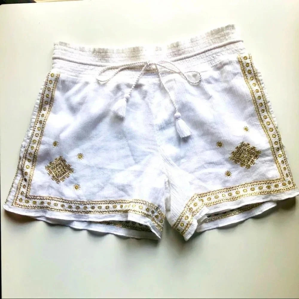 J. Crew Gold Embroidered Mosaic Cotton Tie-Front Elastic Shorts Size 2 - Picture 2 of 8
